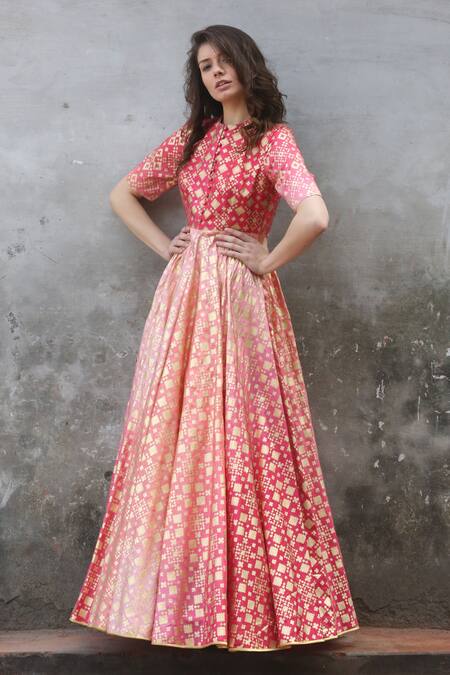 Shop_I Am Design_Pink Ikat Round Ombre Print Gown _at_Aza_Fashions