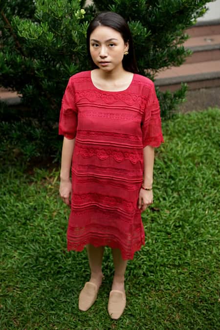 Shop_Baju_Red Chanderi Cotton, Silk Lace Round Neck Embroidered Dress_Online_at_Aza_Fashions