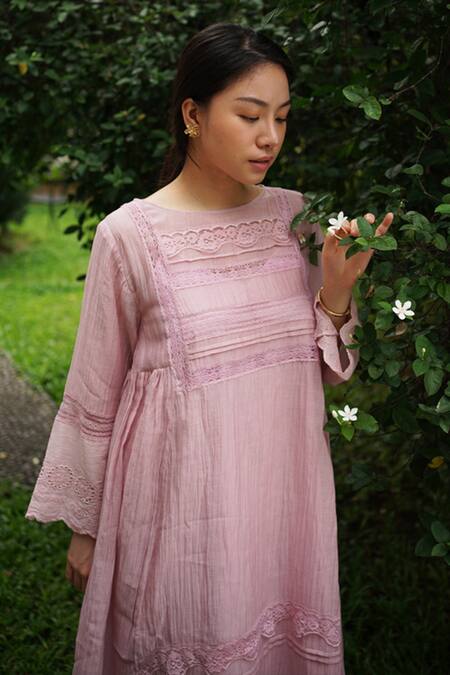 Buy Baju Purple Chanderi Cotton, Silk Lace Round Neck Embroidered And Paneled Tunic Online at Aza Fashions Buy_Baju_Purple Chanderi Cotton, Silk Lace Round Neck Embroidered And Paneled Tunic_Online_at_Aza_Fashions