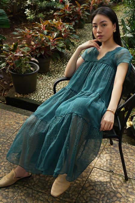 Baju_Green Chanderi Cotton, Silk Lace, Embroidery V-neck Printed Maxi Dress_Online_at_Aza_Fashions