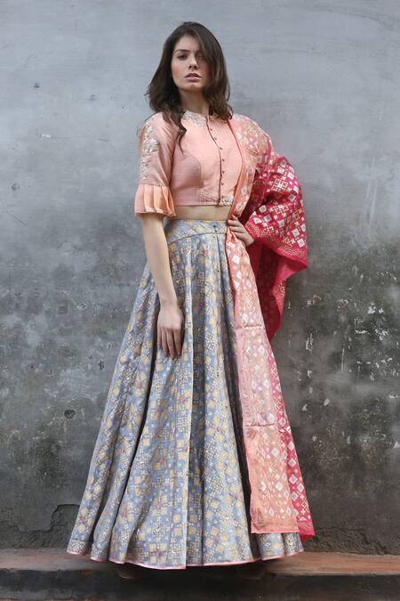 Buy_I Am Design_Grey Silk Round Printed And Embroidered Lehenga Set _Online_at_Aza_Fashions