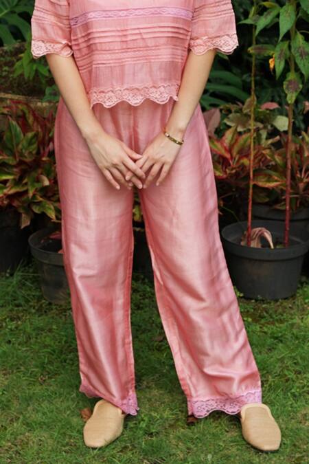 Buy_Baju_Pink Chanderi Silk (60% X 40% Foil Hand Printed Pant For Women_Online_at_Aza_Fashions