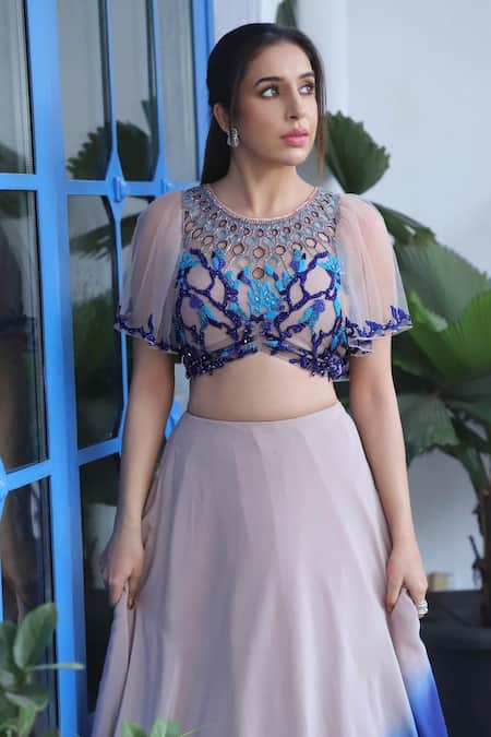Shop Babita Malkani Beige Crepe And Net Bead Work Round Ombre Skirt & Crop Top Set at Aza Fashions Shop_Babita Malkani_Beige Crepe And Net Bead Work Round Ombre Skirt & Crop Top Set_at_Aza_Fashions
