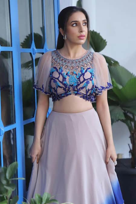 Babita Malkani Beige Crepe And Net Bead Work Round Ombre Skirt & Crop Top Set Online at Aza Fashions Babita Malkani_Beige Crepe And Net Bead Work Round Ombre Skirt & Crop Top Set_Online_at_Aza_Fashions