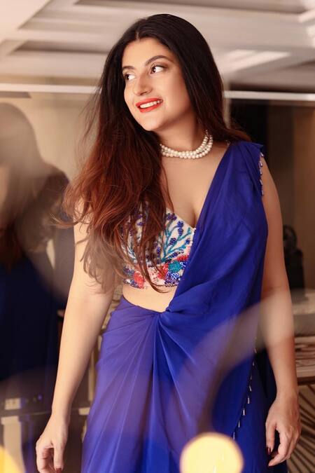 Babita Malkani_Blue Crepe And Velvet Floral Motifs V Neck Sharara Saree With Bustier_Online_at_Aza_Fashions