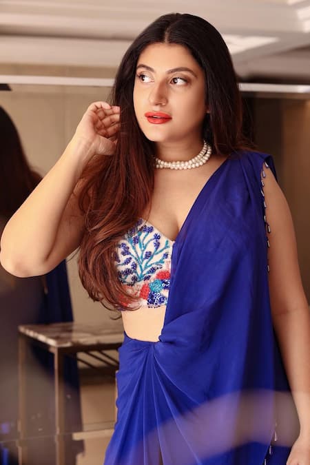 Buy_Babita Malkani_Blue Crepe And Velvet Floral Motifs V Neck Sharara Saree With Bustier_Online_at_Aza_Fashions