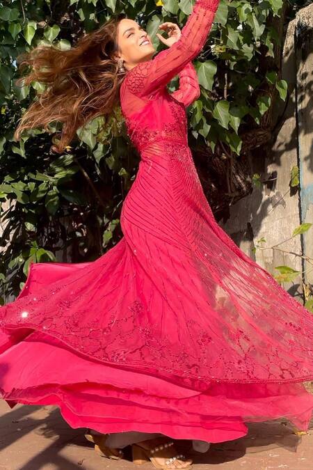 Babita Malkani Red Crepe, Net And Velvet Crystal Bead Bralette Straight Skirt Set With Jacket Online at Aza Fashions Babita Malkani_Red Crepe, Net And Velvet Crystal Bead Bralette Straight Skirt Set With Jacket_Online_at_Aza_Fashions