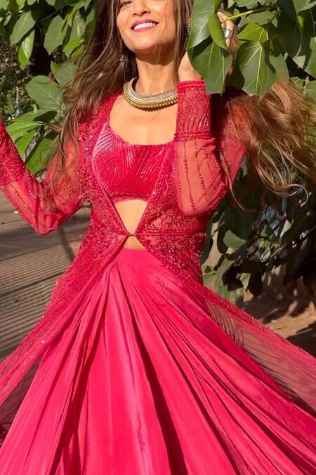 Babita Malkani Red Crepe, Net And Velvet Crystal Bead Bralette Straight Skirt Set With Jacket at Aza Fashions Babita Malkani_Red Crepe, Net And Velvet Crystal Bead Bralette Straight Skirt Set With Jacket_at_Aza_Fashions