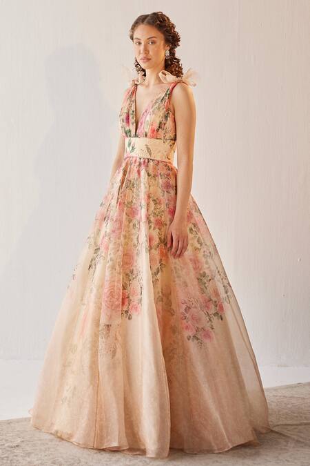 Cedar & Pine Beige Organza, Tulle Floral Motifs Plunge V Neck Versailles Print Gown Online at Aza Fashions Cedar & Pine_Beige Organza, Tulle Floral Motifs Plunge V Neck Versailles Print Gown _Online_at_Aza_Fashions