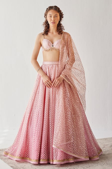 Cedar & Pine Pink Tulle Sequins Scoop Neck Ombre Embroidered Lehenga Set