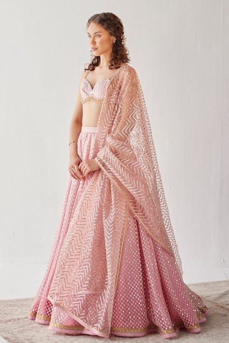 Cedar & Pine Pink Tulle Sequins Scoop Neck Ombre Embroidered Lehenga Set Online at Aza Fashions Cedar & Pine_Pink Tulle Sequins Scoop Neck Ombre Embroidered Lehenga Set _Online_at_Aza_Fashions