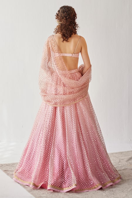 Shop Cedar & Pine Pink Tulle Sequins Scoop Neck Ombre Embroidered Lehenga Set at Aza Fashions Shop_Cedar & Pine_Pink Tulle Sequins Scoop Neck Ombre Embroidered Lehenga Set _at_Aza_Fashions