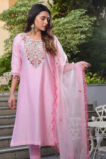 Kasturi Tikmani_Pink Kurta Silk Chanderi Pant Stretchable Cotton And Dupatta Set_Online_at_Aza_Fashions