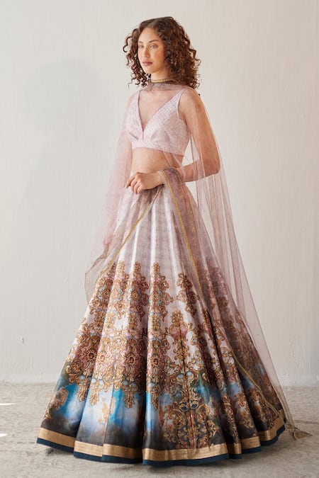 Cedar & Pine_Blue Tulle, Dupion Palace Motif Plunge V Neck Versailles Print Lehenga Set _Online_at_Aza_Fashions