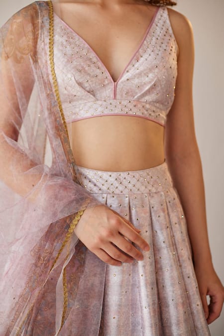 Buy_Cedar & Pine_Blue Tulle, Dupion Palace Motif Plunge V Neck Versailles Print Lehenga Set _Online_at_Aza_Fashions