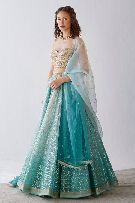 Cedar & Pine Blue Organza, Textured Blouse Foil Prints Sweetheart Neck Ombre Lehenga Set Online at Aza Fashions Cedar & Pine_Blue Organza, Textured Blouse Foil Prints Sweetheart Neck Ombre Lehenga Set_Online_at_Aza_Fashions