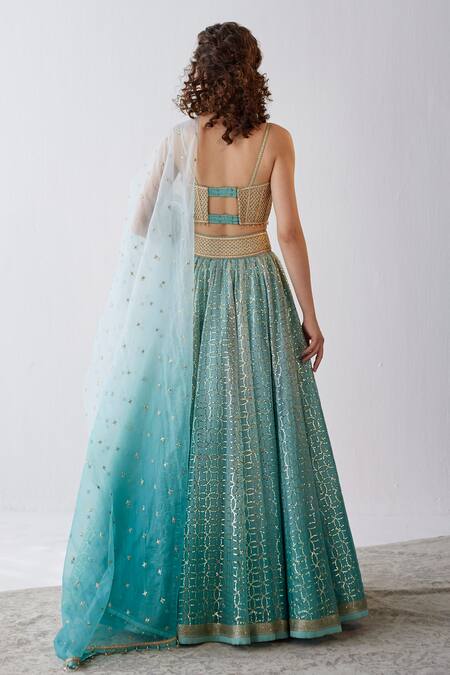 Shop Cedar & Pine Blue Organza, Textured Blouse Foil Prints Sweetheart Neck Ombre Lehenga Set at Aza Fashions Shop_Cedar & Pine_Blue Organza, Textured Blouse Foil Prints Sweetheart Neck Ombre Lehenga Set_at_Aza_Fashions