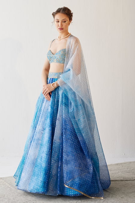 Cedar & Pine Blue Organza, Tulle Foil Prints Sweetheart Neck Lehenga Set Online at Aza Fashions Cedar & Pine_Blue Organza, Tulle Foil Prints Sweetheart Neck Lehenga Set _Online_at_Aza_Fashions