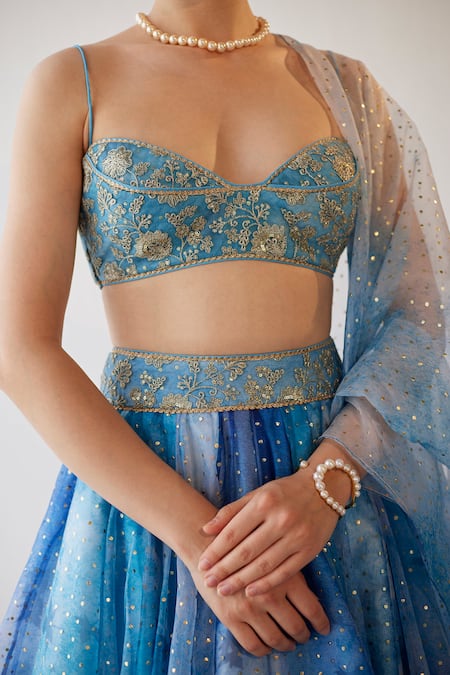 Buy Cedar & Pine Blue Organza, Tulle Foil Prints Sweetheart Neck Lehenga Set Online at Aza Fashions Buy_Cedar & Pine_Blue Organza, Tulle Foil Prints Sweetheart Neck Lehenga Set _Online_at_Aza_Fashions