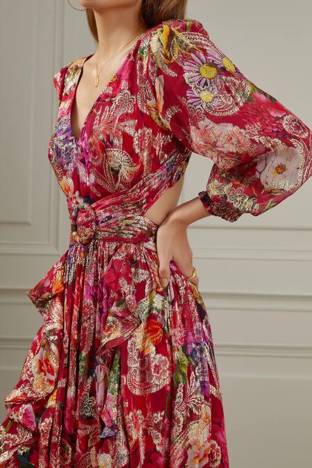 LENALA Floral print dress with metallic threads 2 in 1
