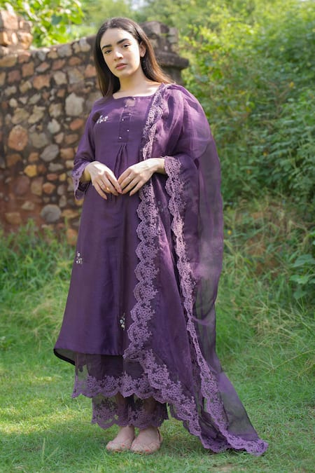 Naaz By Noor_Purple Cotton, Organza, Silk Chanderi Embroidered Kurta Set _Online_at_Aza_Fashions