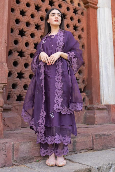 Shop_Naaz By Noor_Purple Cotton, Organza, Silk Chanderi Embroidered Kurta Set _at_Aza_Fashions