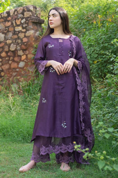 Buy_Naaz By Noor_Purple Cotton, Organza, Silk Chanderi Embroidered Kurta Set _Online_at_Aza_Fashions