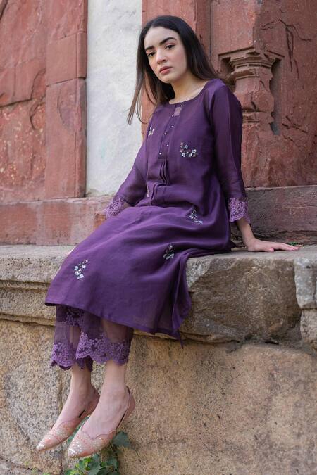 Shop_Naaz By Noor_Purple Cotton, Organza, Silk Chanderi Embroidered Kurta Set _Online_at_Aza_Fashions