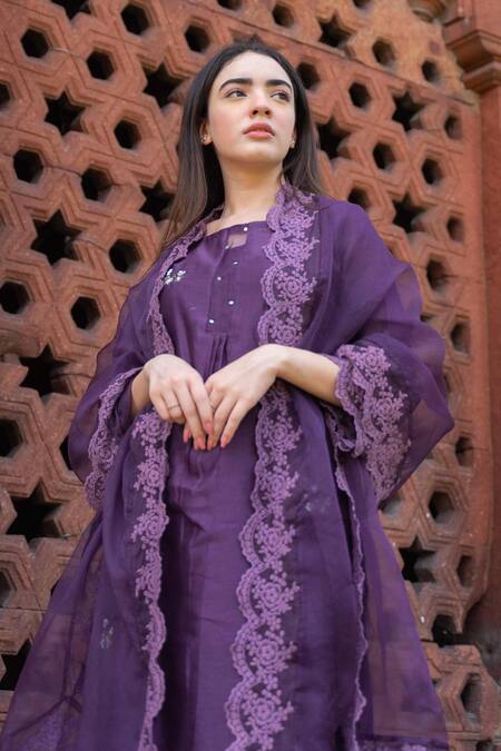 Naaz By Noor_Purple Cotton, Organza, Silk Chanderi Embroidered Kurta Set _at_Aza_Fashions