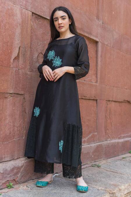 Shop Naaz By Noor Black Cotton, Organza, Silk Chanderi Embroidered Kurta Set at Aza Fashions Shop_Naaz By Noor_Black Cotton, Organza, Silk Chanderi Embroidered Kurta Set_at_Aza_Fashions