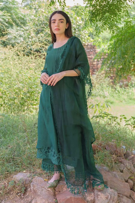 Naaz By Noor_Green Cotton, Organza, Silk Chanderi Embroidered Kurta Set _Online_at_Aza_Fashions