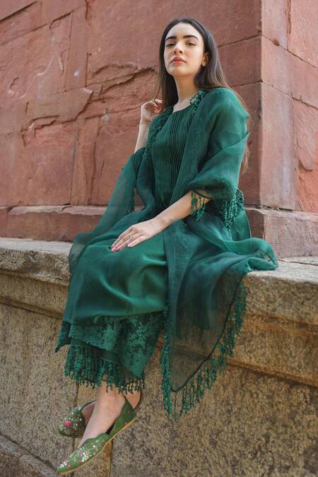 Buy_Naaz By Noor_Green Cotton, Organza, Silk Chanderi Embroidered Kurta Set _Online_at_Aza_Fashions