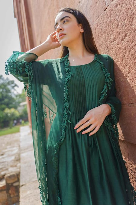 Shop_Naaz By Noor_Green Cotton, Organza, Silk Chanderi Embroidered Kurta Set _Online_at_Aza_Fashions
