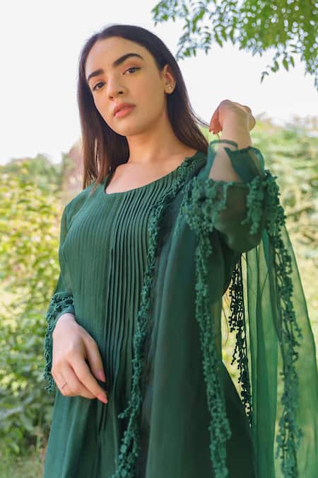 Naaz By Noor_Green Cotton, Organza, Silk Chanderi Embroidered Kurta Set _at_Aza_Fashions