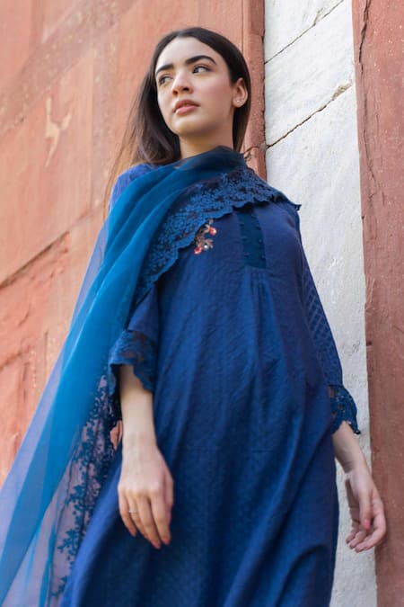 Shop_Naaz By Noor_Blue Cotton, Organza, Silk Chanderi Kurta Round Inner Embroidered Set _Online_at_Aza_Fashions
