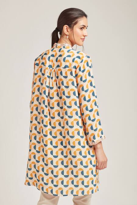 Shop Pankaj & Nidhi Multi Color Silk Crepe Stand Collar Pintuck Short Tunic at Aza Fashions Shop_Pankaj & Nidhi_Multi Color Silk Crepe Stand Collar Pintuck Short Tunic _at_Aza_Fashions
