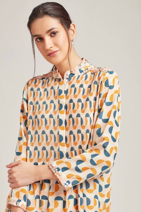 Buy Pankaj & Nidhi Multi Color Silk Crepe Stand Collar Pintuck Short Tunic Online at Aza Fashions Buy_Pankaj & Nidhi_Multi Color Silk Crepe Stand Collar Pintuck Short Tunic _Online_at_Aza_Fashions