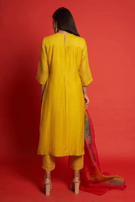 Shop Priti Prashant Yellow Cotton Mul And Sheer Thread Floral Embroidered Kurta Pant Set at Aza Fashions Shop_Priti Prashant_Yellow Cotton Mul And Sheer Thread Floral Embroidered Kurta Pant Set _at_Aza_Fashions