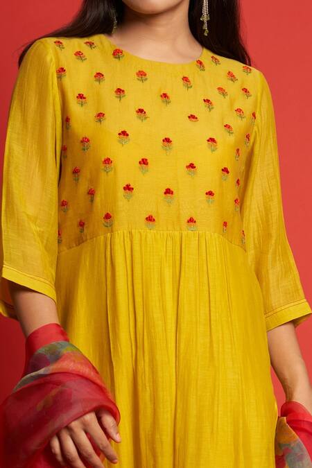 Shop Priti Prashant Yellow Cotton Mul And Sheer Thread Floral Embroidered Kurta Pant Set Online at Aza Fashions Shop_Priti Prashant_Yellow Cotton Mul And Sheer Thread Floral Embroidered Kurta Pant Set _Online_at_Aza_Fashions