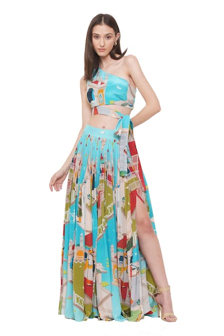 Shop_Limerick By Abirr N' Nanki_Blue Crepe Miniature Mughal Pattern Cres Slit Skirt _at_Aza_Fashions