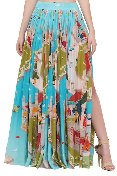 Buy_Limerick By Abirr N' Nanki_Blue Crepe Miniature Mughal Pattern Cres Slit Skirt _Online_at_Aza_Fashions