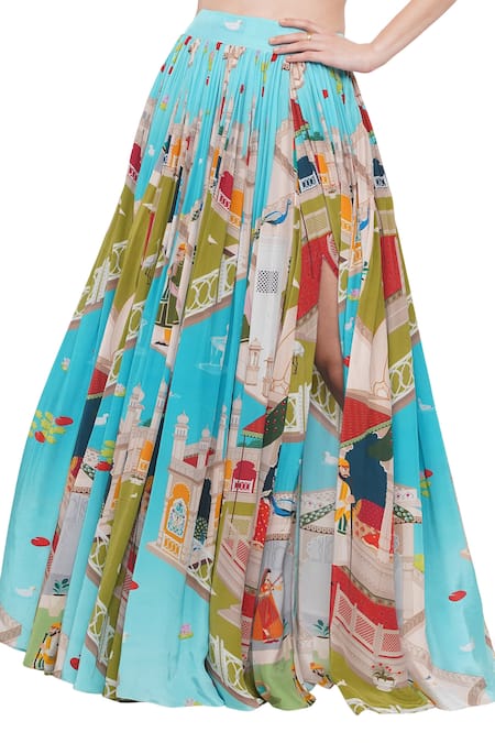 Shop_Limerick By Abirr N' Nanki_Blue Crepe Miniature Mughal Pattern Cres Slit Skirt _Online_at_Aza_Fashions