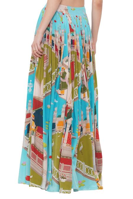 Limerick By Abirr N' Nanki_Blue Crepe Miniature Mughal Pattern Cres Slit Skirt _at_Aza_Fashions