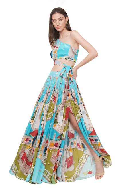 Shop Limerick By Abirr N' Nanki Blue Crepe Miniature Mughal Pattern One Shoulder Cres Crop Top at Aza Fashions Shop_Limerick By Abirr N' Nanki_Blue Crepe Miniature Mughal Pattern One Shoulder Cres Crop Top _at_Aza_Fashions