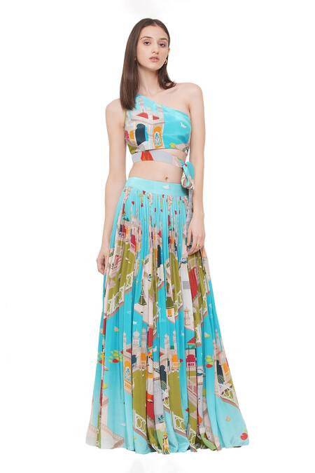 Limerick By Abirr N' Nanki Blue Crepe Miniature Mughal Pattern One Shoulder Cres Crop Top Online at Aza Fashions Limerick By Abirr N' Nanki_Blue Crepe Miniature Mughal Pattern One Shoulder Cres Crop Top _Online_at_Aza_Fashions