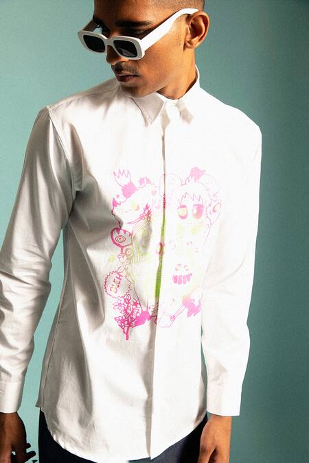 Sahil Aneja_White Cotton Screen Print Crowd Shirt_Online_at_Aza_Fashions