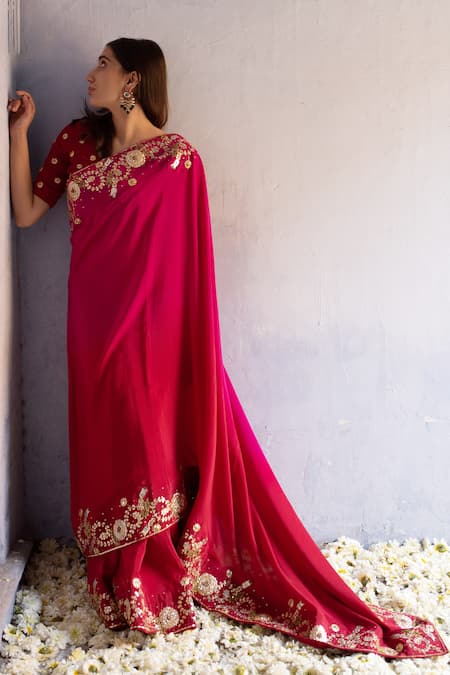 Apeksha Jain Label_Pink Crepe Gota Work, Sequins Ombre Embroidered Saree_Online_at_Aza_Fashions