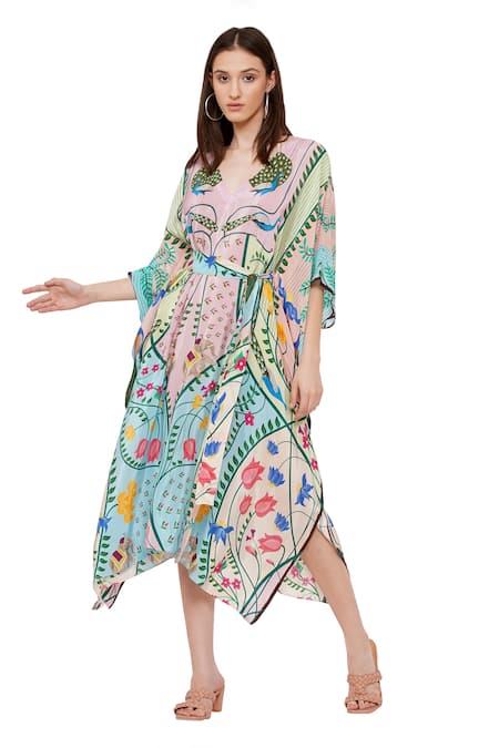 Limerick By Abirr N' Nanki Blue Crepe Peacock, Botanical, Elephant V Neck Cruz Pattern Kaftan Online at Aza Fashions Limerick By Abirr N' Nanki_Blue Crepe Peacock, Botanical, Elephant V Neck Cruz Pattern Kaftan _Online_at_Aza_Fashions