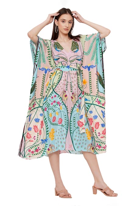 Buy Limerick By Abirr N' Nanki Blue Crepe Peacock, Botanical, Elephant V Neck Cruz Pattern Kaftan Online at Aza Fashions Buy_Limerick By Abirr N' Nanki_Blue Crepe Peacock, Botanical, Elephant V Neck Cruz Pattern Kaftan _Online_at_Aza_Fashions