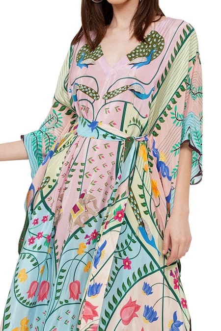 Limerick By Abirr N' Nanki Blue Crepe Peacock, Botanical, Elephant V Neck Cruz Pattern Kaftan at Aza Fashions Limerick By Abirr N' Nanki_Blue Crepe Peacock, Botanical, Elephant V Neck Cruz Pattern Kaftan _at_Aza_Fashions